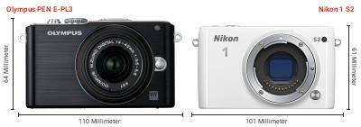 Größenvergleich: OM System PEN E-PL3 vs. Nikon 1 S2 Größenvergleich: OM System PEN E-PL3 vs. Nikon 1 S2