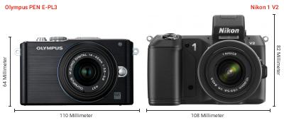 Größenvergleich: OM System PEN E-PL3 vs. Nikon 1 V2 Größenvergleich: OM System PEN E-PL3 vs. Nikon 1 V2