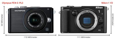 Größenvergleich: OM System PEN E-PL3 vs. Nikon 1 V3 Größenvergleich: OM System PEN E-PL3 vs. Nikon 1 V3