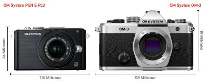 Größenvergleich: OM System PEN E-PL3 vs. OM System OM-3 Größenvergleich: OM System PEN E-PL3 vs. OM System OM-3
