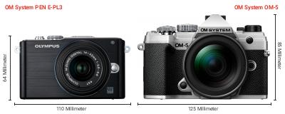 Größenvergleich: OM System PEN E-PL3 vs. OM System OM-5 Größenvergleich: OM System PEN E-PL3 vs. OM System OM-5