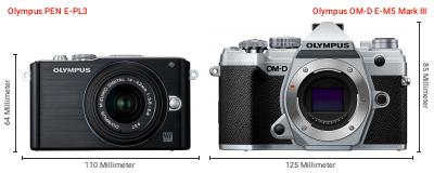 Größenvergleich: OM System PEN E-PL3 vs. OM System OM-D E-M5 Mark III Größenvergleich: OM System PEN E-PL3 vs. OM System OM-D E-M5 Mark III