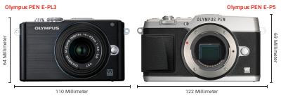 Größenvergleich: OM System PEN E-PL3 vs. OM System PEN E-P5 Größenvergleich: OM System PEN E-PL3 vs. OM System PEN E-P5