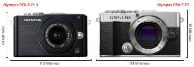 Größenvergleich: OM System PEN E-PL3 vs. OM System PEN E-P7 Größenvergleich: OM System PEN E-PL3 vs. OM System PEN E-P7