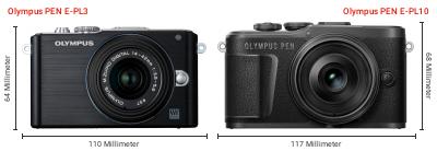 Größenvergleich: OM System PEN E-PL3 vs. OM System PEN E-PL10 Größenvergleich: OM System PEN E-PL3 vs. OM System PEN E-PL10