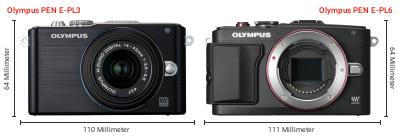 Größenvergleich: OM System PEN E-PL3 vs. OM System PEN E-PL6 Größenvergleich: OM System PEN E-PL3 vs. OM System PEN E-PL6