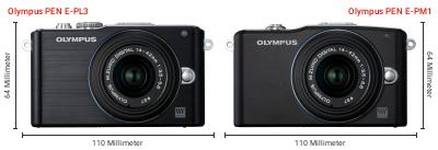 Größenvergleich: OM System PEN E-PL3 vs. OM System PEN E-PM1 Größenvergleich: OM System PEN E-PL3 vs. OM System PEN E-PM1