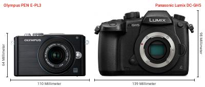 Größenvergleich: OM System PEN E-PL3 vs. Panasonic Lumix DC-GH5