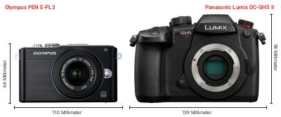 Größenvergleich: OM System PEN E-PL3 vs. Panasonic Lumix DC-GH5 II Größenvergleich: OM System PEN E-PL3 vs. Panasonic Lumix DC-GH5 II