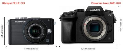 Größenvergleich: OM System PEN E-PL3 vs. Panasonic Lumix DMC-G70 Größenvergleich: OM System PEN E-PL3 vs. Panasonic Lumix DMC-G70