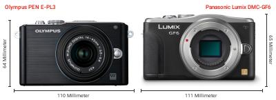 Größenvergleich: OM System PEN E-PL3 vs. Panasonic Lumix DMC-GF6 Größenvergleich: OM System PEN E-PL3 vs. Panasonic Lumix DMC-GF6