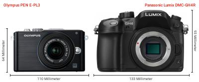 Größenvergleich: OM System PEN E-PL3 vs. Panasonic Lumix DMC-GH4R