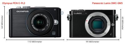 Größenvergleich: OM System PEN E-PL3 vs. Panasonic Lumix DMC-GM5 Größenvergleich: OM System PEN E-PL3 vs. Panasonic Lumix DMC-GM5