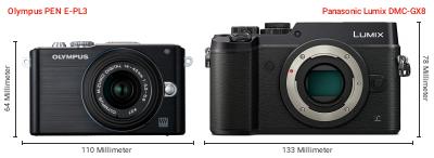 Größenvergleich: OM System PEN E-PL3 vs. Panasonic Lumix DMC-GX8 Größenvergleich: OM System PEN E-PL3 vs. Panasonic Lumix DMC-GX8