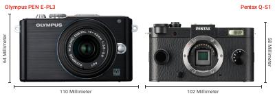 Größenvergleich: OM System PEN E-PL3 vs. Pentax Q-S1 Größenvergleich: OM System PEN E-PL3 vs. Pentax Q-S1