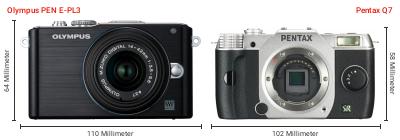 Größenvergleich: OM System PEN E-PL3 vs. Pentax Q7