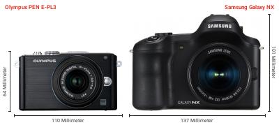 Größenvergleich: OM System PEN E-PL3 vs. Samsung Galaxy NX Größenvergleich: OM System PEN E-PL3 vs. Samsung Galaxy NX