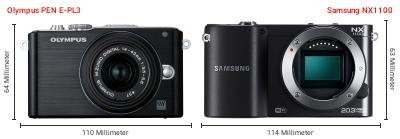 Größenvergleich: OM System PEN E-PL3 vs. Samsung NX1100 Größenvergleich: OM System PEN E-PL3 vs. Samsung NX1100