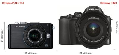 Größenvergleich: OM System PEN E-PL3 vs. Samsung NX20 Größenvergleich: OM System PEN E-PL3 vs. Samsung NX20