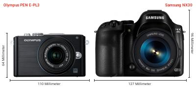 Größenvergleich: OM System PEN E-PL3 vs. Samsung NX30