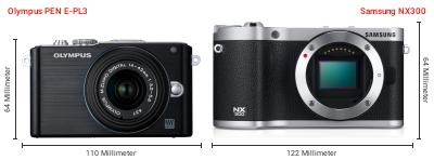 Größenvergleich: OM System PEN E-PL3 vs. Samsung NX300 Größenvergleich: OM System PEN E-PL3 vs. Samsung NX300