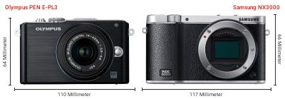 Größenvergleich: OM System PEN E-PL3 vs. Samsung NX3000 Größenvergleich: OM System PEN E-PL3 vs. Samsung NX3000