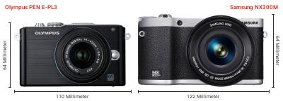 Größenvergleich: OM System PEN E-PL3 vs. Samsung NX300M Größenvergleich: OM System PEN E-PL3 vs. Samsung NX300M