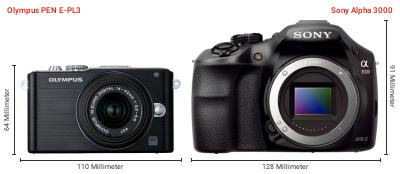 Größenvergleich: OM System PEN E-PL3 vs. Sony Alpha 3000 Größenvergleich: OM System PEN E-PL3 vs. Sony Alpha 3000