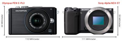 Größenvergleich: OM System PEN E-PL3 vs. Sony Alpha NEX-5T Größenvergleich: OM System PEN E-PL3 vs. Sony Alpha NEX-5T