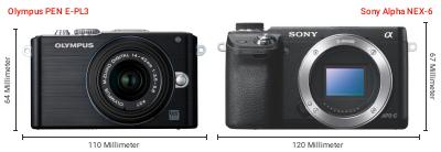 Größenvergleich: OM System PEN E-PL3 vs. Sony Alpha NEX-6 Größenvergleich: OM System PEN E-PL3 vs. Sony Alpha NEX-6
