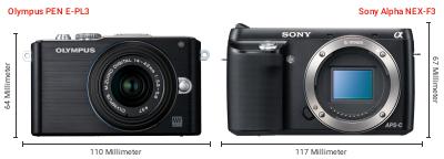 Größenvergleich: OM System PEN E-PL3 vs. Sony Alpha NEX-F3 Größenvergleich: OM System PEN E-PL3 vs. Sony Alpha NEX-F3