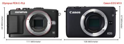 Größenvergleich: OM System PEN E-PL6 vs. Canon EOS M10 Größenvergleich: OM System PEN E-PL6 vs. Canon EOS M10