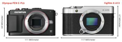 Größenvergleich: OM System PEN E-PL6 vs. Fujifilm X-A10 Größenvergleich: OM System PEN E-PL6 vs. Fujifilm X-A10