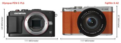 Größenvergleich: OM System PEN E-PL6 vs. Fujifilm X-A2 Größenvergleich: OM System PEN E-PL6 vs. Fujifilm X-A2
