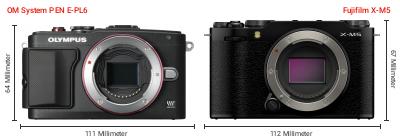 Größenvergleich: OM System PEN E-PL6 vs. Fujifilm X-M5 Größenvergleich: OM System PEN E-PL6 vs. Fujifilm X-M5