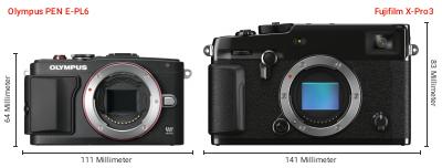 Größenvergleich: OM System PEN E-PL6 vs. Fujifilm X-Pro3