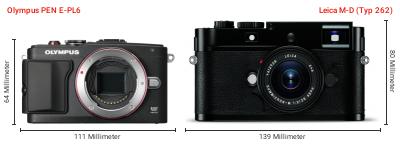 Größenvergleich: OM System PEN E-PL6 vs. Leica M-D (Typ 262) Größenvergleich: OM System PEN E-PL6 vs. Leica M-D (Typ 262)