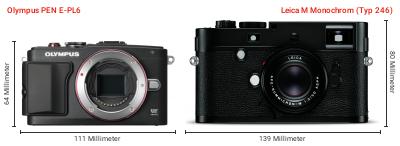 Größenvergleich: OM System PEN E-PL6 vs. Leica M Monochrom (Typ 246) Größenvergleich: OM System PEN E-PL6 vs. Leica M Monochrom (Typ 246)