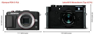 Größenvergleich: OM System PEN E-PL6 vs. Leica M10 Monochrom (Typ 6376) Größenvergleich: OM System PEN E-PL6 vs. Leica M10 Monochrom (Typ 6376)