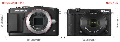 Größenvergleich: OM System PEN E-PL6 vs. Nikon 1 J5 Größenvergleich: OM System PEN E-PL6 vs. Nikon 1 J5