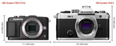Größenvergleich: OM System PEN E-PL6 vs. OM System OM-3 Größenvergleich: OM System PEN E-PL6 vs. OM System OM-3