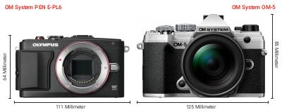 Größenvergleich: OM System PEN E-PL6 vs. OM System OM-5 Größenvergleich: OM System PEN E-PL6 vs. OM System OM-5