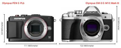 Größenvergleich: OM System PEN E-PL6 vs. OM System OM-D E-M10 Mark III Größenvergleich: OM System PEN E-PL6 vs. OM System OM-D E-M10 Mark III