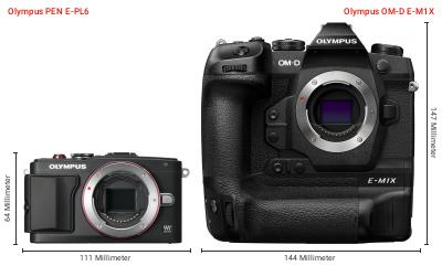 Größenvergleich: OM System PEN E-PL6 vs. OM System OM-D E-M1X Größenvergleich: OM System PEN E-PL6 vs. OM System OM-D E-M1X
