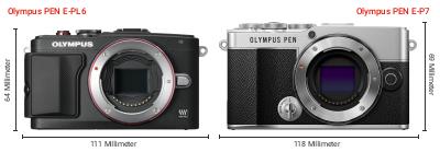 Größenvergleich: OM System PEN E-PL6 vs. OM System PEN E-P7 Größenvergleich: OM System PEN E-PL6 vs. OM System PEN E-P7