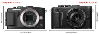 Größenvergleich: OM System PEN E-PL6 vs. OM System PEN E-PL10 Größenvergleich: OM System PEN E-PL6 vs. OM System PEN E-PL10