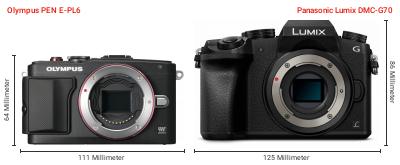 Größenvergleich: OM System PEN E-PL6 vs. Panasonic Lumix DMC-G70 Größenvergleich: OM System PEN E-PL6 vs. Panasonic Lumix DMC-G70