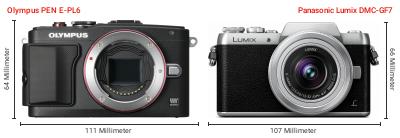 Größenvergleich: OM System PEN E-PL6 vs. Panasonic Lumix DMC-GF7 Größenvergleich: OM System PEN E-PL6 vs. Panasonic Lumix DMC-GF7