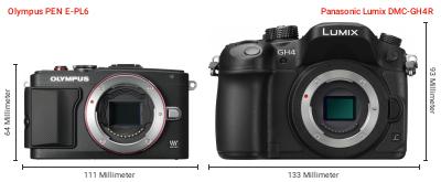 Größenvergleich: OM System PEN E-PL6 vs. Panasonic Lumix DMC-GH4R
