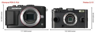 Größenvergleich: OM System PEN E-PL6 vs. Pentax Q-S1 Größenvergleich: OM System PEN E-PL6 vs. Pentax Q-S1